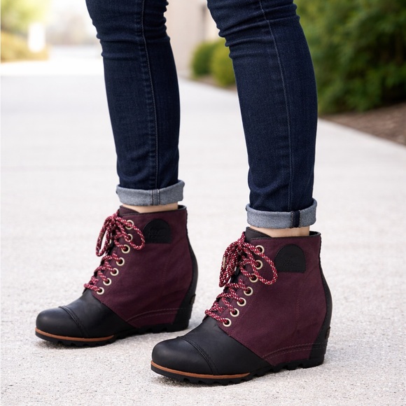 Sorel Shoes - SOREL Lexie Waterproof Leather Wedge Burgundy & Black Wedge Ankle Boots SZ 8.5